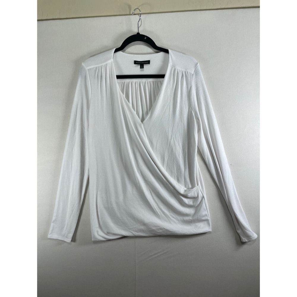 Banana Republic White Faux Wrap Surplice‎ Long Sleeve Top Shirt Womens Medium M - Picture 2 of 7